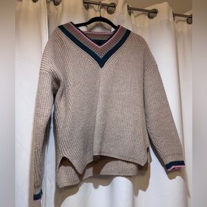 Madewell V-Neck Sweater, beige with pink and green trim, L